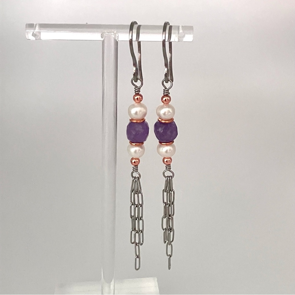 Amethyst Quartz & Freshwater Pearl Tassel Earrings in Copper & Stainless - Picture 4 of 8